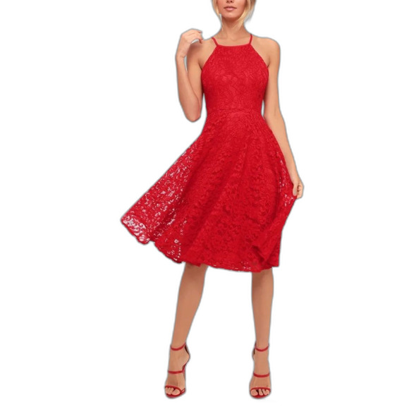 Lulus Endlessly Infatuated Red Lace Sleeveless Fit & Flare Midi Dress Size S - Picture 1 of 14